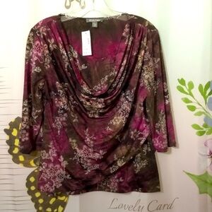 Roz & Ali Women’s Mauve Floral Scoop Neck 3/4 Sleeve Blouse~Size Petite Medium